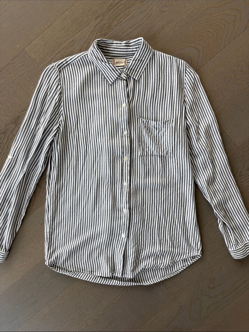 Altar'd State Small Gray and White Vertical Stripe Relaxed Button-Down Shirt
